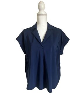 Entro Navy Blue Pleated Back Collared Blouse Oversized Lagenlook Top Small
